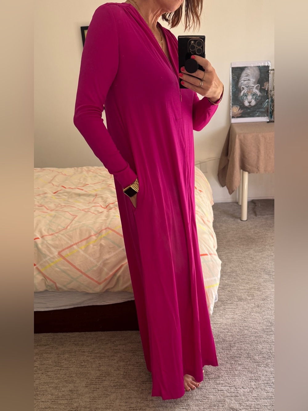 Vintage Fuchsia Bill Tice Intimates I. Magnin Zip-Front Maxi House Dress Robe